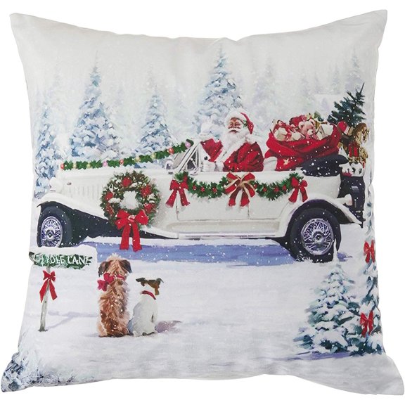 Violet Linen Seasonal Christmas Santa Claus Actions Pattern, Polyester, Super soft feel faux suede fabric, digital print, Santa's Car Design, 18 Inch by 18 Inch, Decorative Throw Pillow