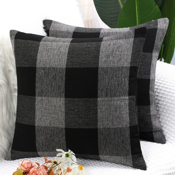 shngshifan 2Pcs Buffalo Check Plaid Throw Pillowcases Cotton Linen Cushion Covers Black Grey 18"x18"