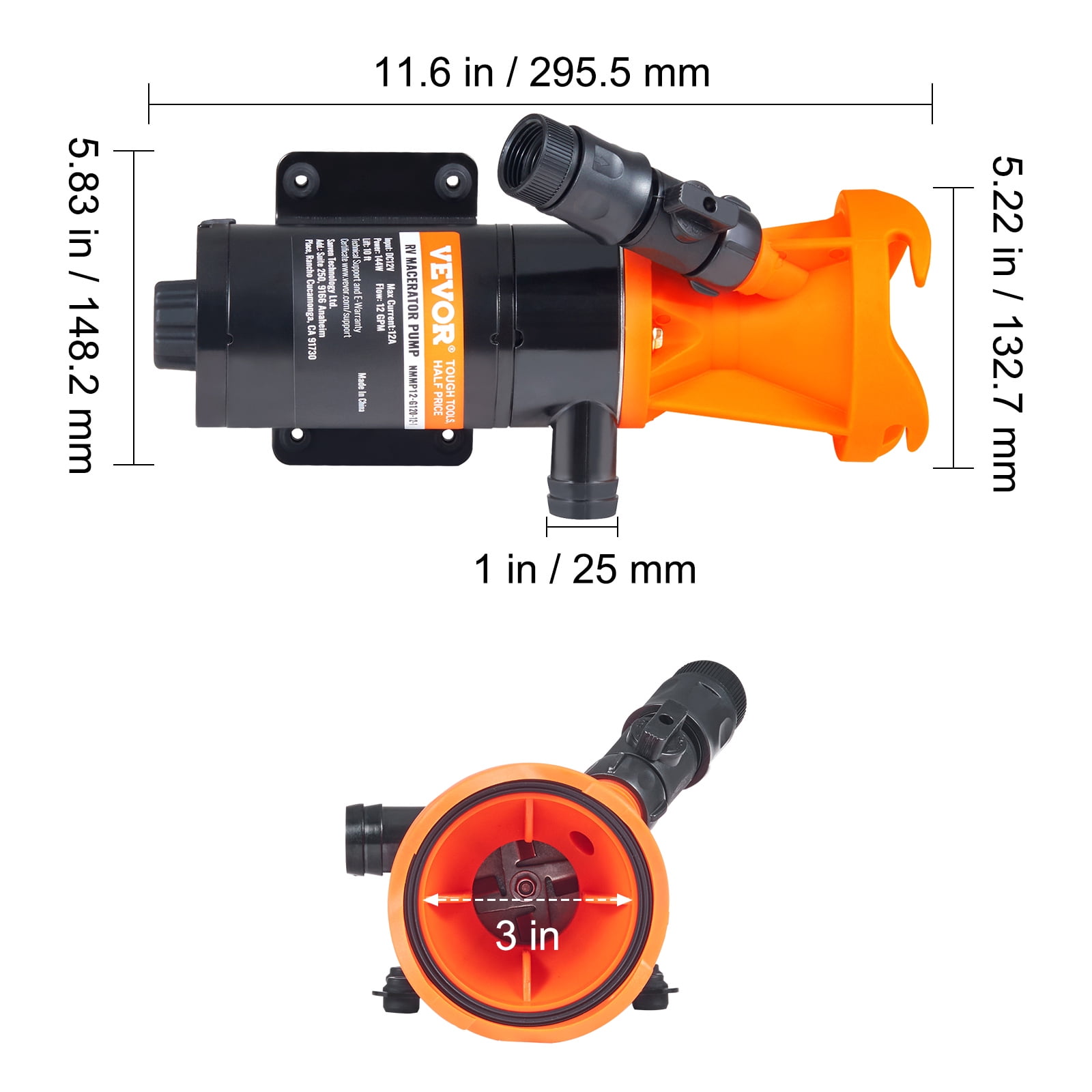 VEVOR RV Portable Macerator Pump, 12V, 12GMP Quick Release RV Waste Pump, RV Sewage Sewer Pump with Detachable Quick Connection Valve Metal Hose Clamp Power Cord, for RV Boat Marine Motorhome Camper