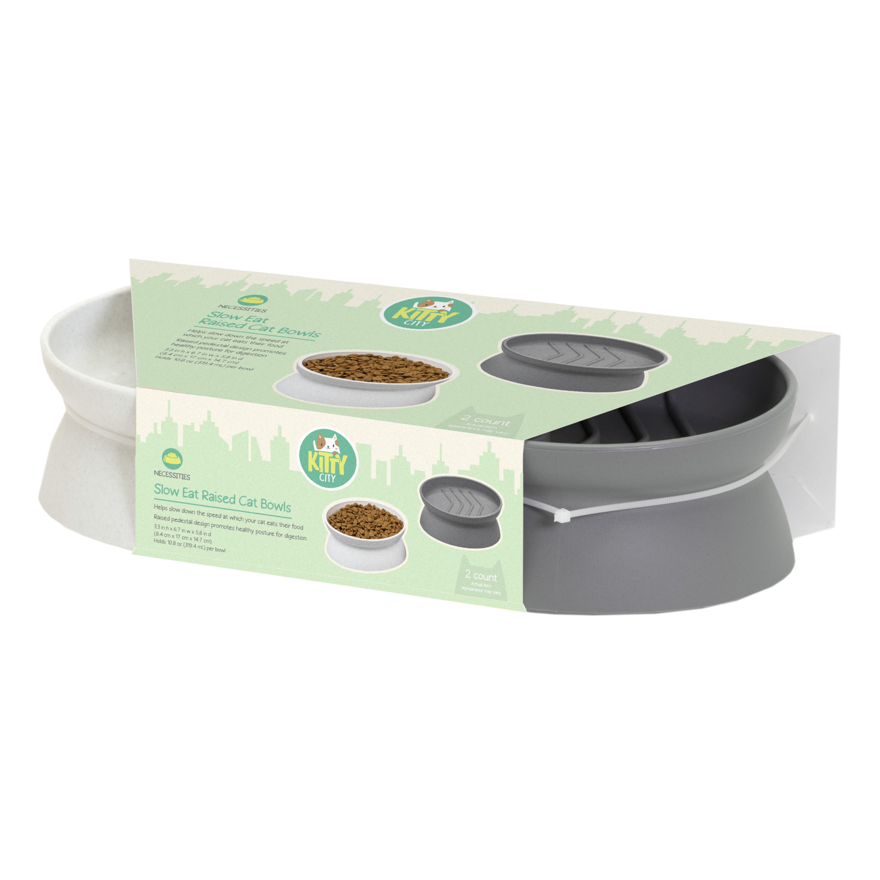 Kitty City Slow-Eater Plastic Raised Cat Bowls 2 Pack Set, Multicolored, Large
