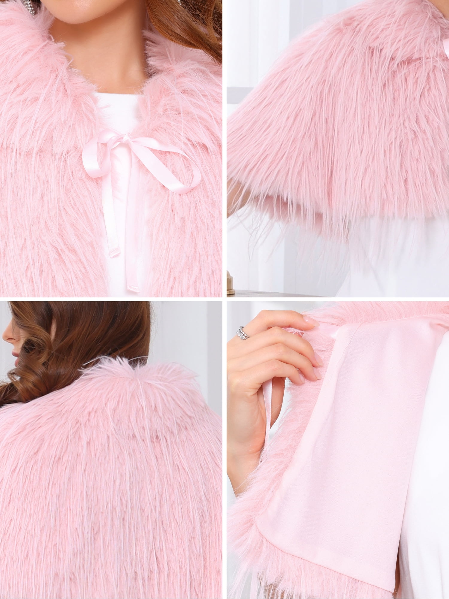 DARING DIVA Women's Faux Fur Bow Tie Neck Wedding Cardigan Shrug L Pink