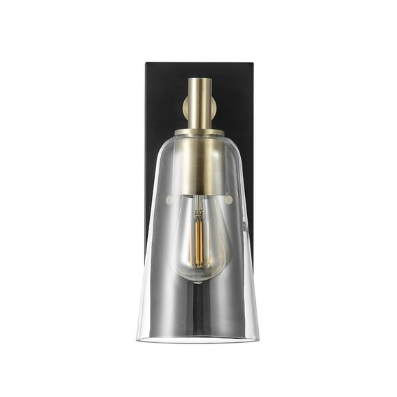 1-Light Matte Black Wall Sconce with Matte Brass Accents and Clear Glass Shade