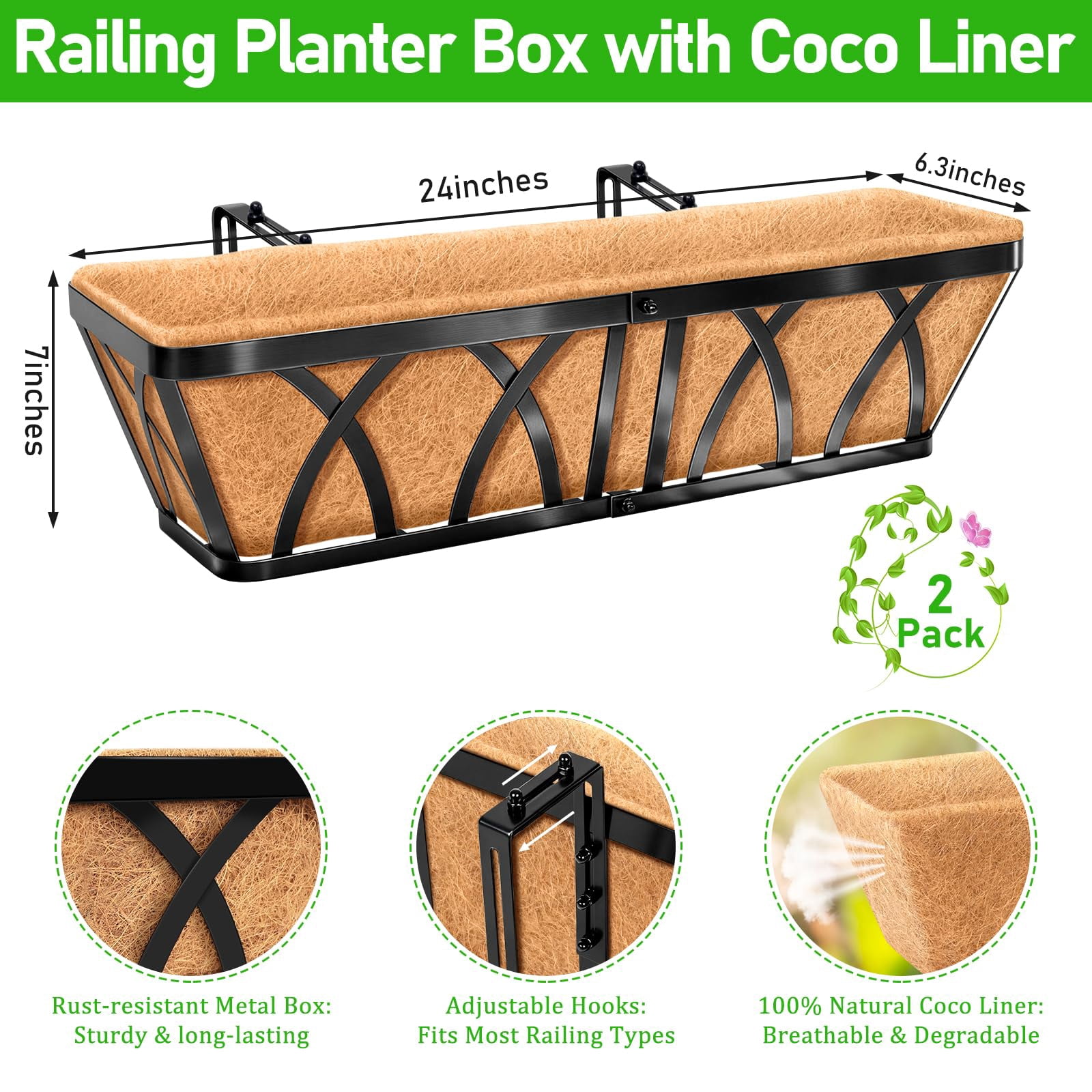 24in Metal Railing Window Box 2 Pack Indoor Outdoor Plant Planter