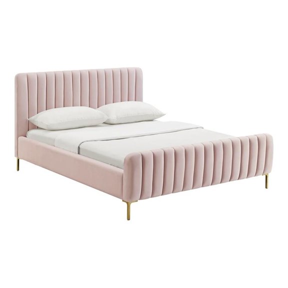 Maklaine 41.7"H Transitional Velvet Full Bed w/ Glam Design in Pink