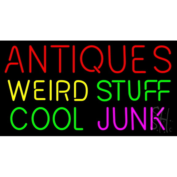 Antiques Weird Stuff Cool Junk LED Neon Sign 13 x 24 - inches, Black Square Cut Acrylic Backing, with Dimmer - Bright and Premium built indoor LED Neon Sign for Defence Force.