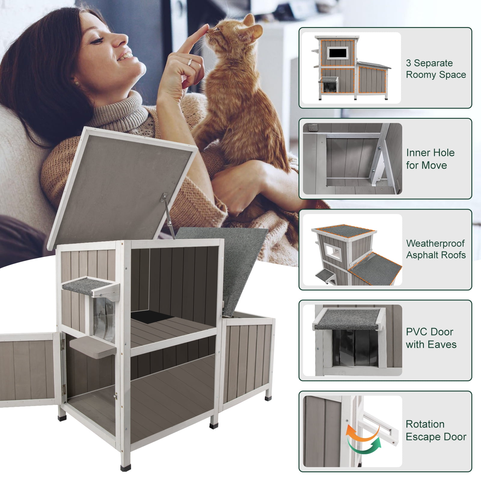 PETSCOSSET Outdoor Cat House  2-Story Wooden Condo - Weatherproof, Acrylic Window - Gray