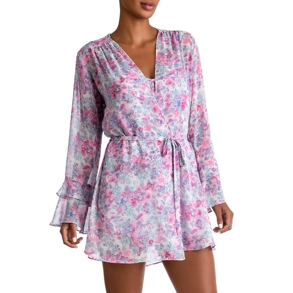 In Bloom by Jonquil Chiffon Ditsy Floral Print Long Sleeve Short Wrap Robe - M/L