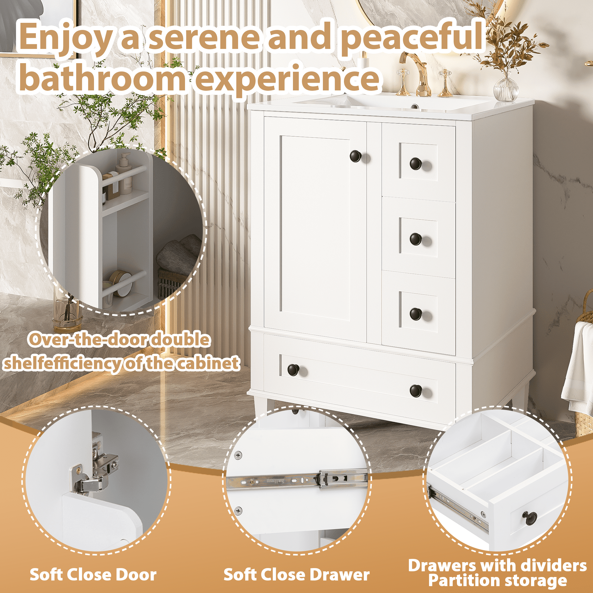 Euroco 24-inch white bathroom vanity with an integrated ceramic basin, featuring a door-mounted double-layer shelf, soft-close drawers, and a soft-close cabinet door