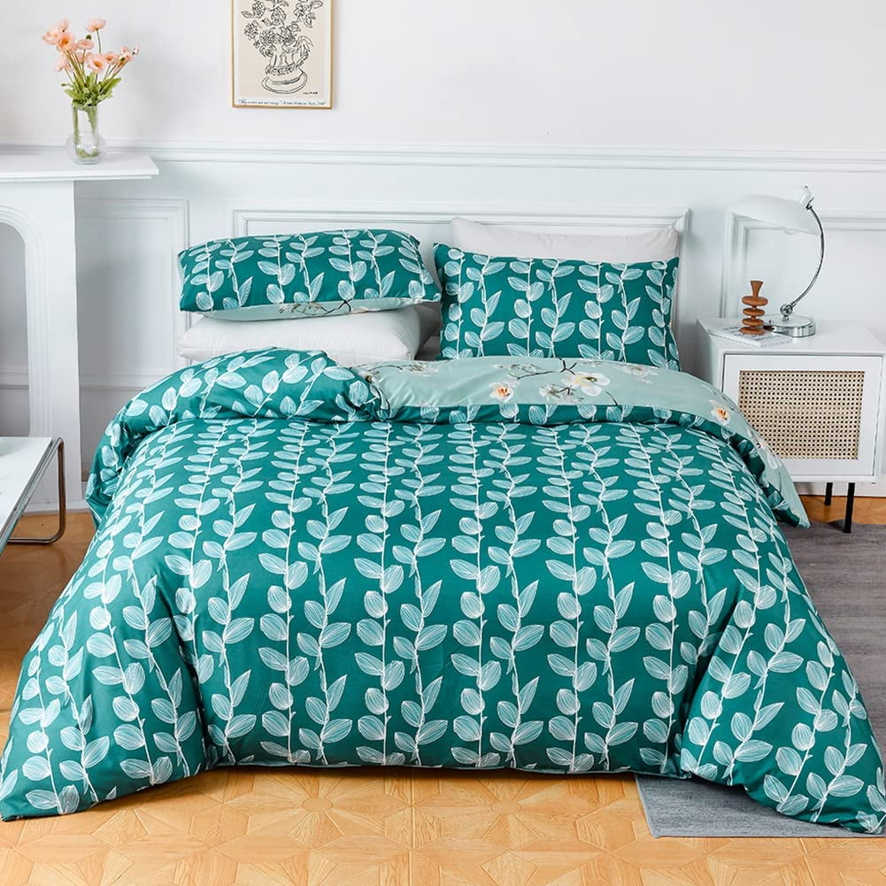 Green Leaf Plant Print Duvet Cover Full Size Reversible White Floral