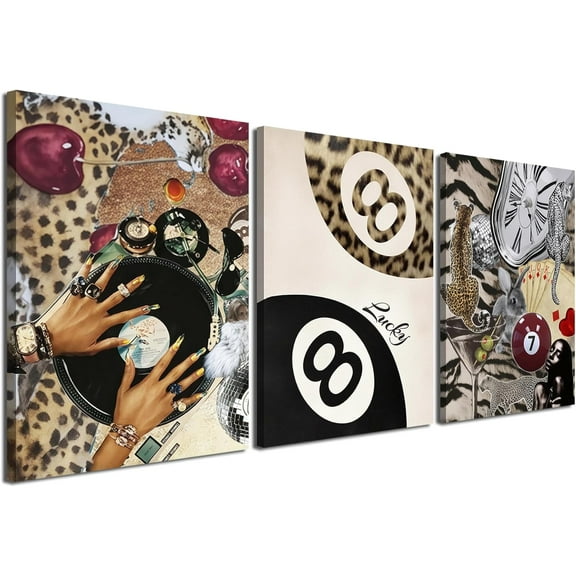 Trendy Leopard Wall Art Set of 3, Cheetah Wall Decor Aesthetic, Black Girl 8 Ball Poster Canvas Print Pictures Funky Lucky Artwork for Bedroom Living Room Framed 12x16 inch