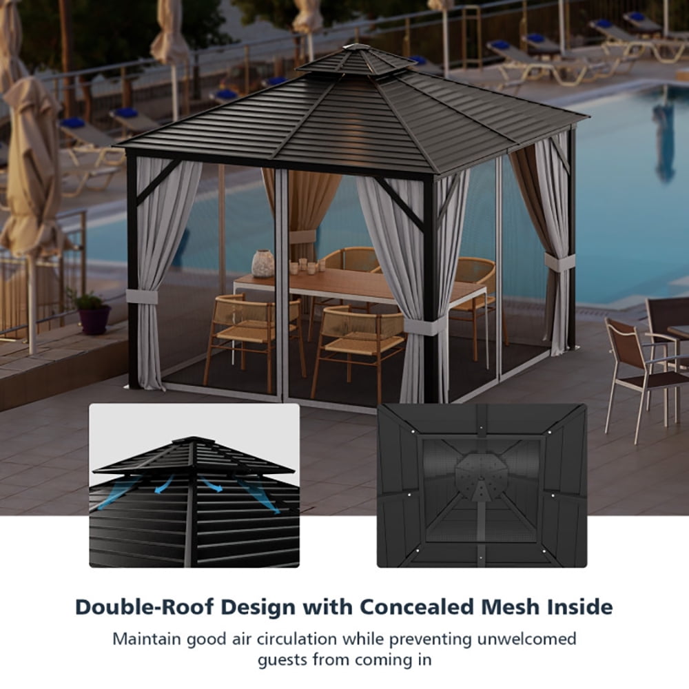 Aimee Lii 10 x 10 Feet Double-Top Hardtop Gazebo with Galvanized Steel Roof, Backyard Canopy Gazebo for Party Wedding BBQ Events, Gray Aimee Lii 10 x 10 Feet Double-Top Hardtop Gazebo with Galvanized Steel Roof, Backyard Canopy Gazebo for Party Wedding BBQ Events, Gray