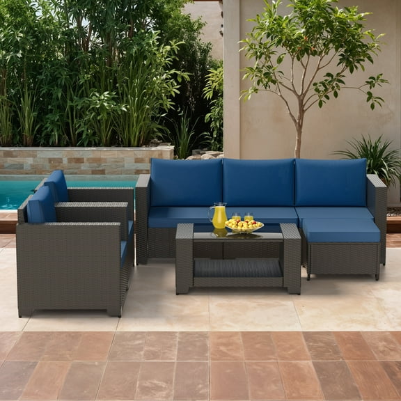 7PCS Patio Furniture Set Outdoor Sectional Sofa with Ottoman Wicker Couch Rattan Modular Seating Conversation Sets Porch Decor for Backyard, Balcony, Garden