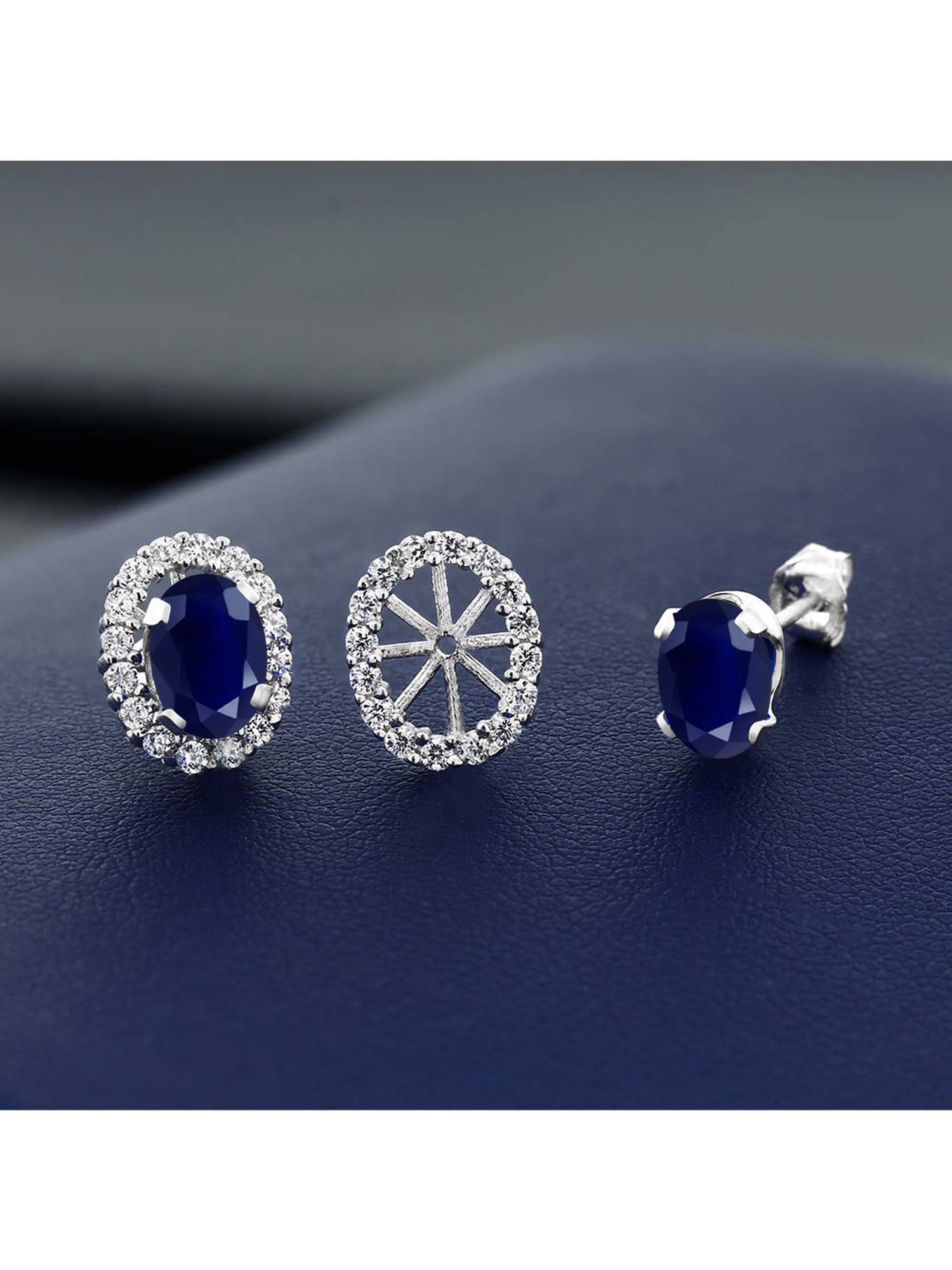 Gem Stone King 14K White Gold Blue Sapphire Women Stud Earrings 2.04 Cttw, Gemstone Birthstone, Oval 7X5MM 