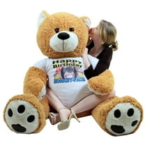 Giant Happy Birthday Teddy Bear 55 Inches Honey Brown Color Wears Tshirt that says HAPPY BIRTHDAY MONKEY FACE