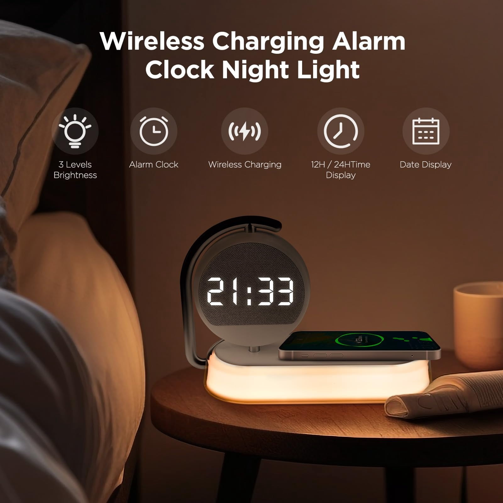 5-in-1 Smart Bedside Lamp – Wireless charger & digital clock, 15W fast charging for phones/headphones. Features 3-level night light, multi-protection alarm clock (White)