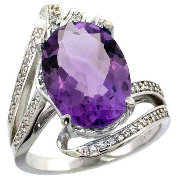 14k White Gold Stone Natural Amethyst Bypass Ring Diamond Accents Oval 14x10mm, size 8