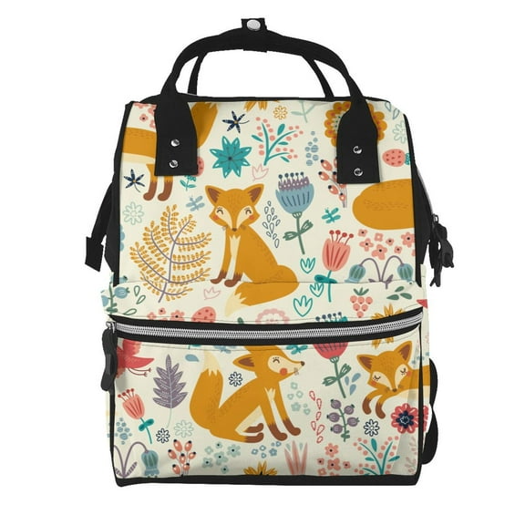 Ratiio Whimsical Fox Floral Garden Mummy Backpack - Waterproof Twill Canvas, Large Capacity Diaper Bag with Multiple Pockets and Adjustable Straps