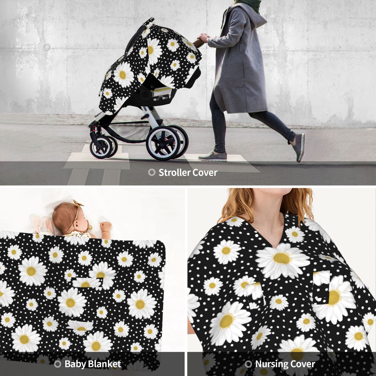Car Seat Cover Baby - daisy flowers dotted black Breathable Infant Car Seat Cover for Baby Carseat, Lightweight Comfort Baby Essentials Must Haves Newborn Stuff for Girl Boy