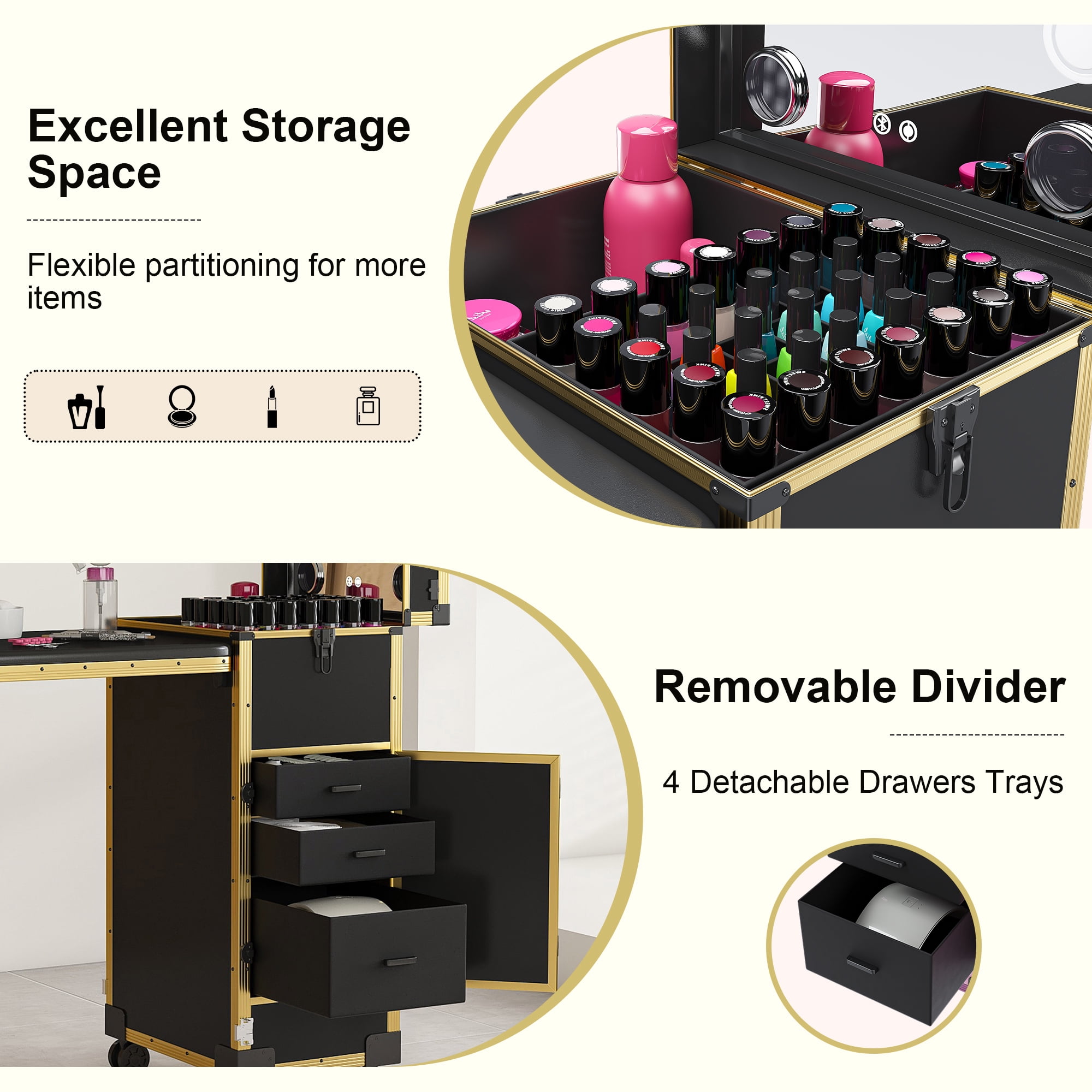 Aukfa Rolling Portable Manicure Table,Folding Nail Table with LED Mirro,Wireless Speaker & Lockable Drawers for Home & Mobile Salon,Black Gold