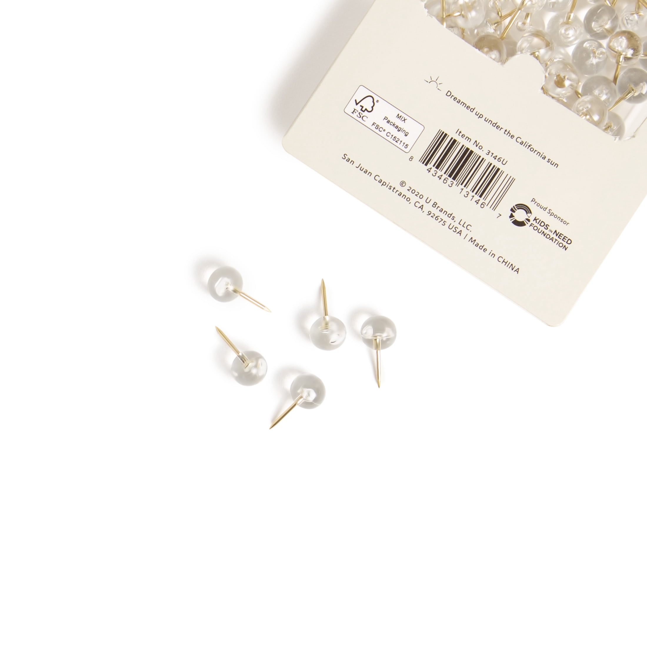 U Brands Clear Sphere Push Pins, Gold Finish, 100 Count, 3146U