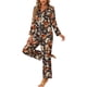 thumbnail image 4 of Pijamas de satén para mujer INSPIRE CHIC, ropa de dormir de manga larga con pantalones, conjuntos de lounge con botones y estampado floral, talla XS, negro, 4 of 5