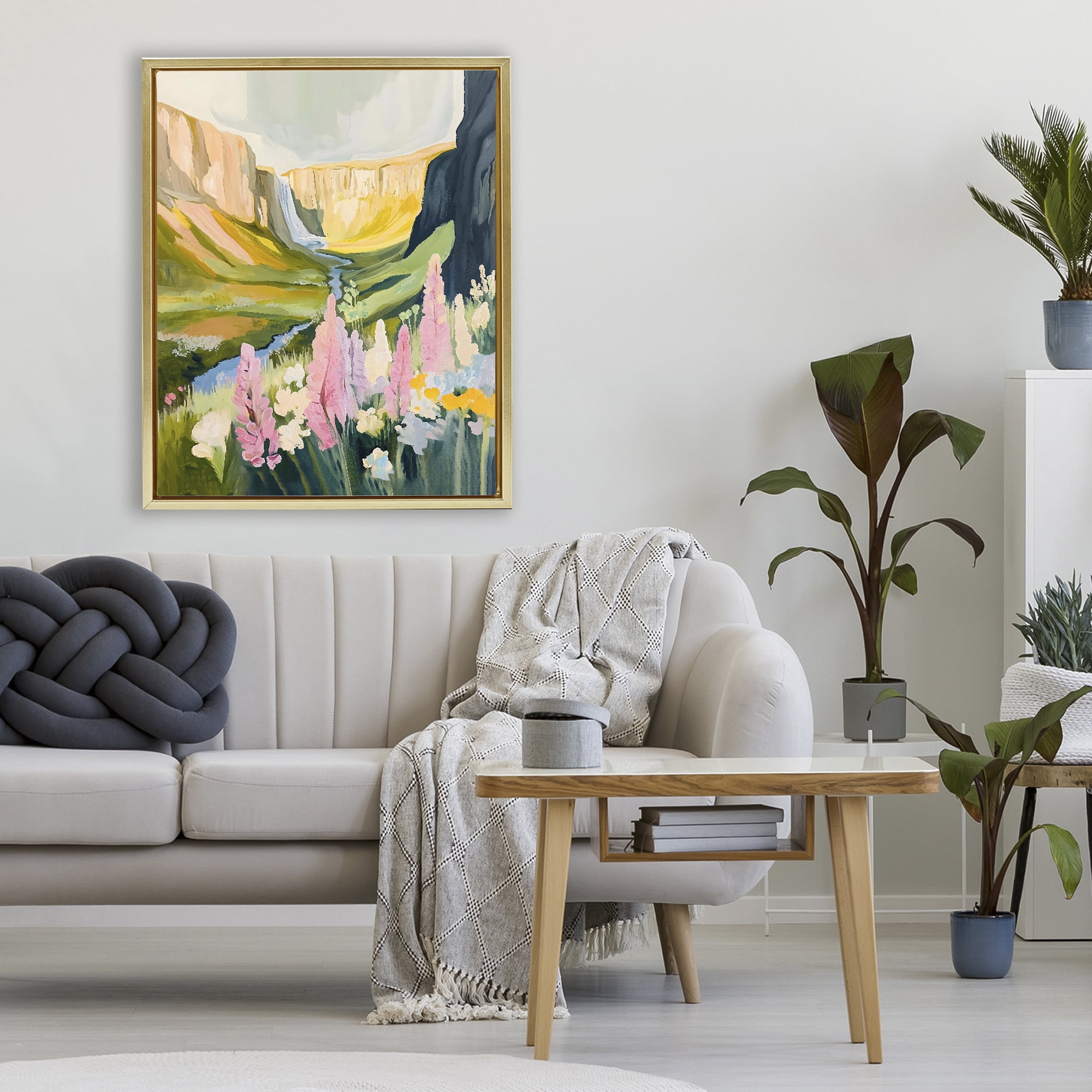 Stupell Industries Waterfall and Valley in Bloom Gold Framed Floater Canvas Wall Art, design by The Prints Vibe