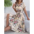 thumbnail image 3 of Lovzfmll Maxi Dress for Women, Crew Neck Short Sleeve with Batwing Sleeve & Tie Waist, Casual Pleated Dress Beige, S, 3 of 9