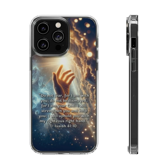DistinctInk Hybrid (Acrylic / TPU) Clear Slim Fit Case for Apple iPhone 14 Pro (6.1" Screen) - "Isaiah 41:10 - Finding Strength and Comfort in God"