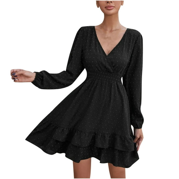 gakvbuo Fall Dresses for Women Babydoll Dress for Women Fall Dresses Long Sleeve Slim Tunic Dreses V Neck Ruffle Knee Length A-Line Casual Draped High Waist Mini Dress