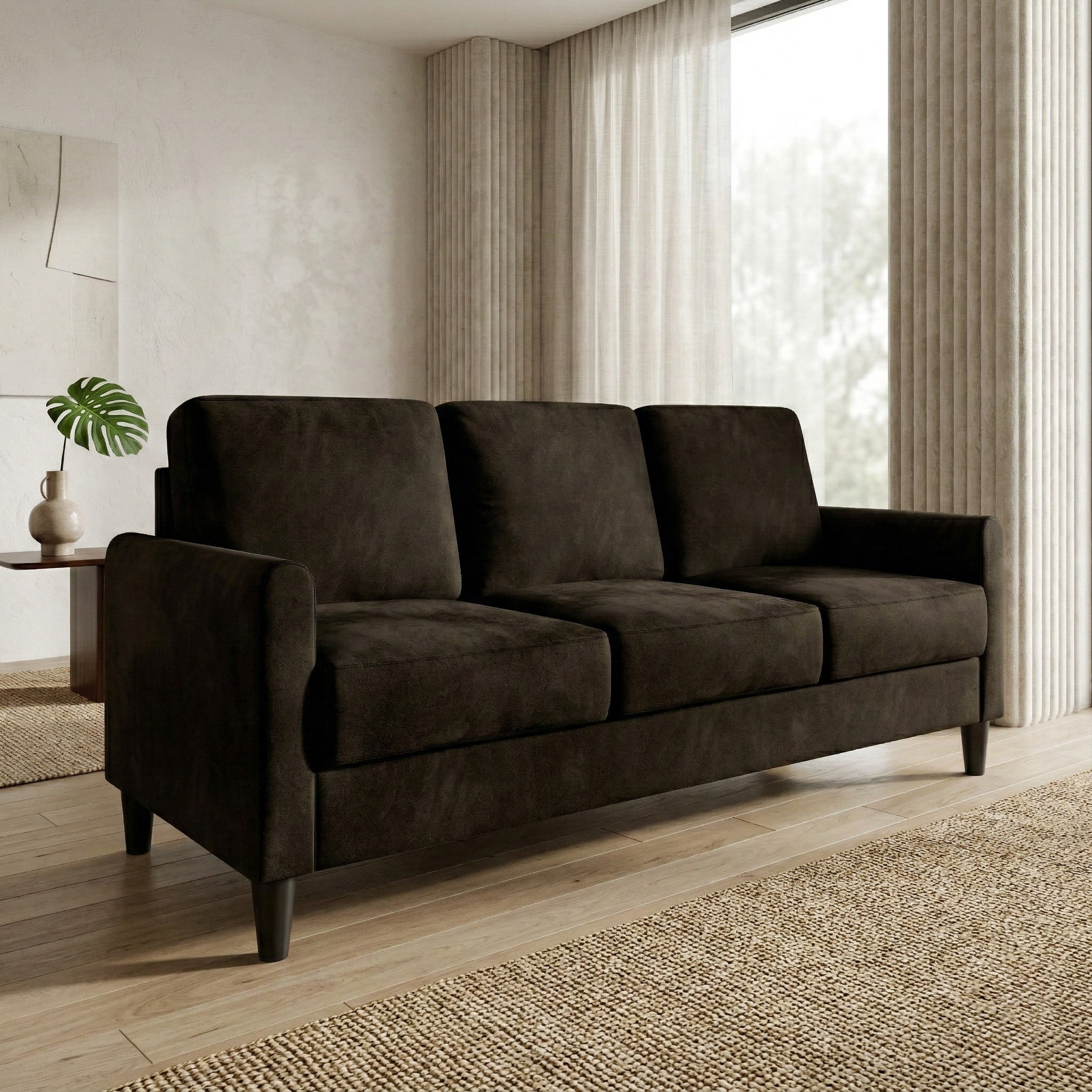Home Design Goliad Velvet Arm Sofa with Pocket Spring, Soft Cushions, Clean Lines Design, Brown