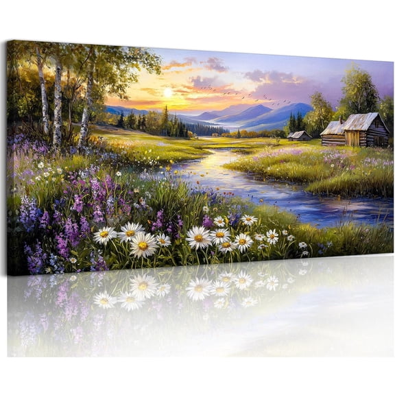 Aaheei Wall Art for Living Room, River Landscape Wall Art, Meadow Wildflower Canvas Art Prints, Countryside Sunset Paintings Wall Decor for Bedroom, Farmhouse Kitchen Decor Pictures 16x16