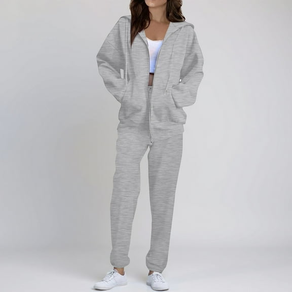 Sweatsuits Women 2 Piece Outfit Cozy Fleece Oversized Zip Up Hoodie Jogger Sweatpants Set Lounge Matching Sweat Sets Gray L
