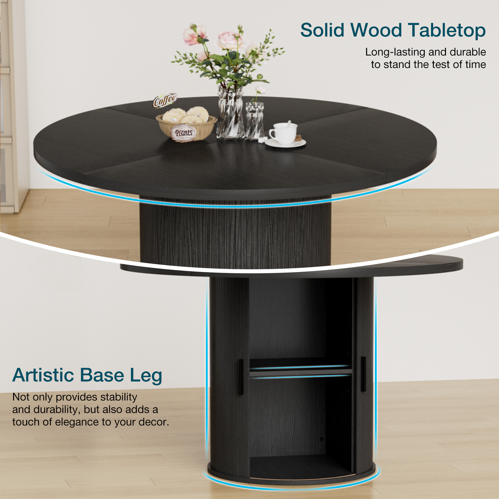 Hommpa 48" Round Dining Table with Storage,Morden Kitchen Table Wood for 4 with 2-Layer Storage Shelves and Wood Slide Door for Kitchen Living Room,Heavy Duty Pedestal Base,Black