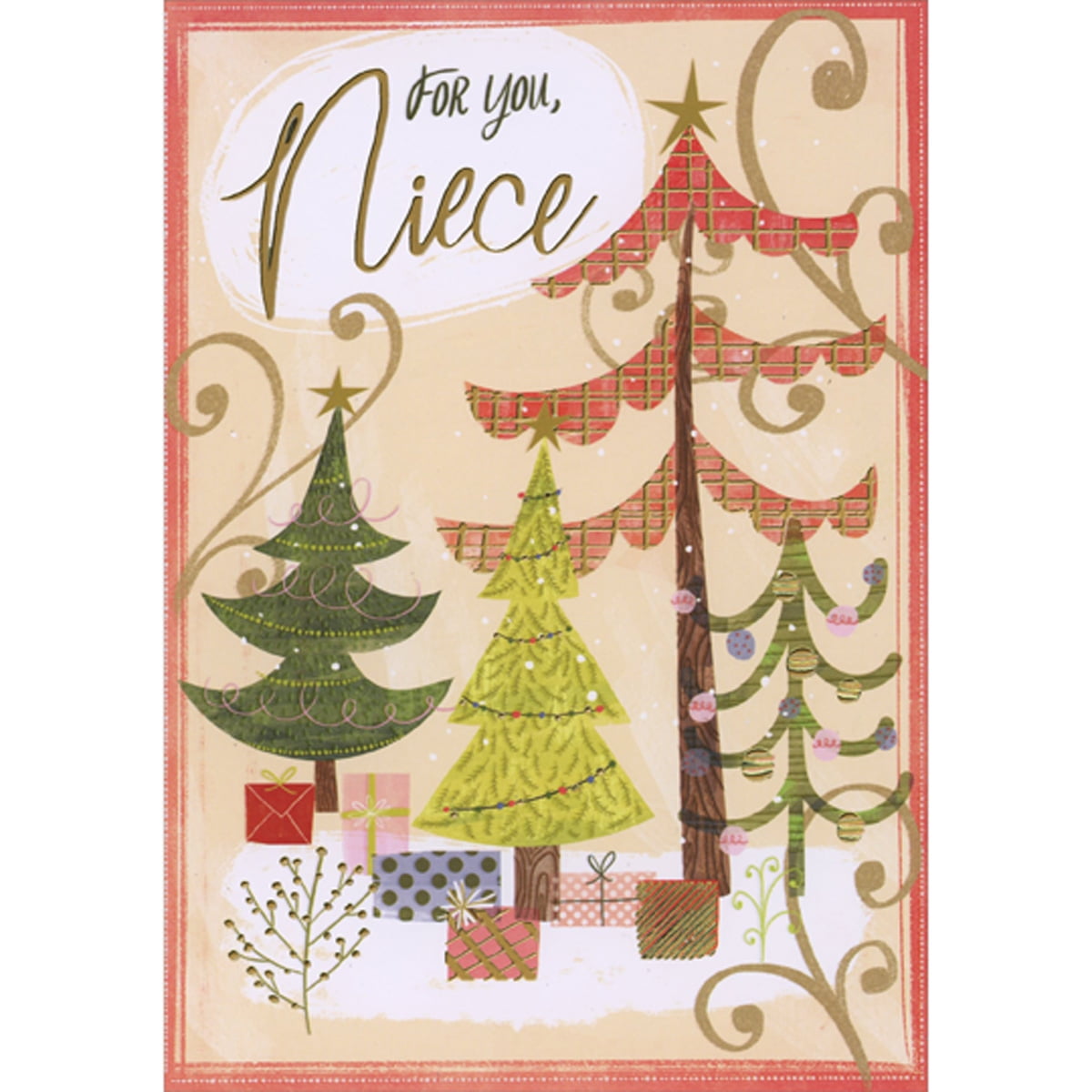 Designer Greetings Christmas Card For Niece & Family – Large Flowers & Vines Design With Gold Foil, 5.75x8 Inches, Includes Envelope