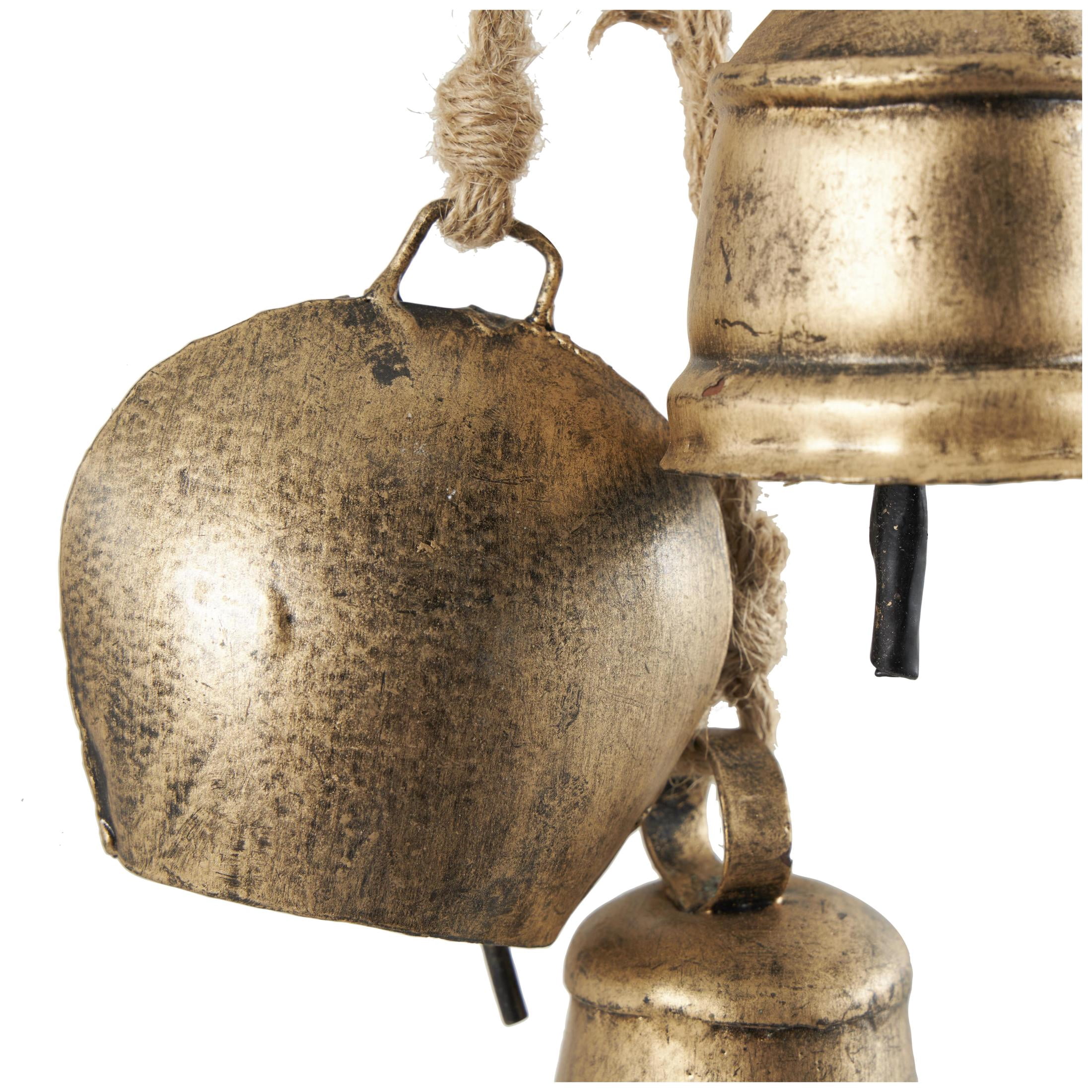 DecMode Tibetan Inspired Cascading Gold Metal Various Shapes Decorative Cow Bells with 5 Bells on Jute Hanging Rope