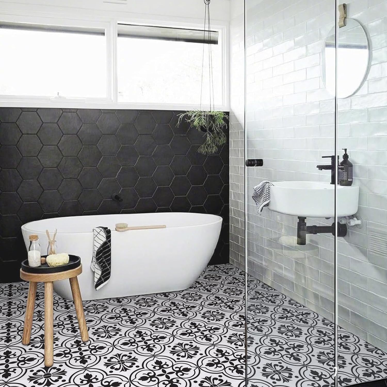 Lxcreat 20 Pcs Peel and Stick Floor Tile Flooring Black and White Flower, Vinyl Flooring 11.8-in x 11.8-in Self-Adhesive Removable for Bathroom/Kitchen
