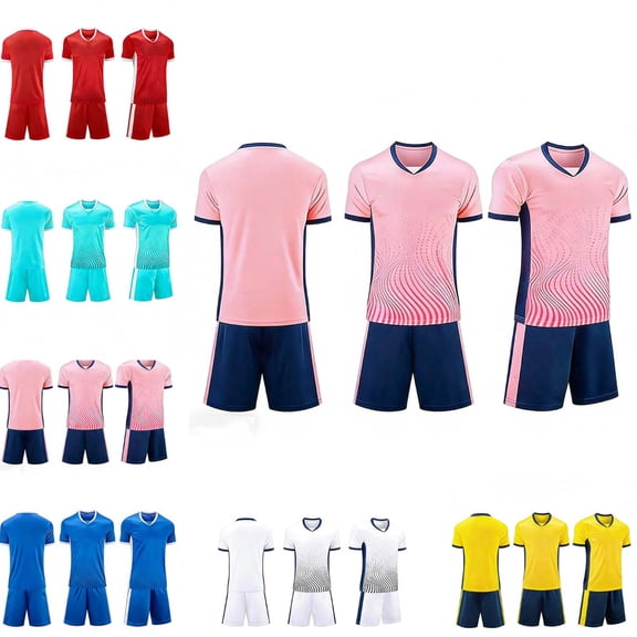Afuyipoi Boys 2-Piece Soccer Summer Outfit (4-13 Years) Breathable Performance V-Neck Jersey and Athletic Shorts Set For Toddler and Kids Pink 6/7