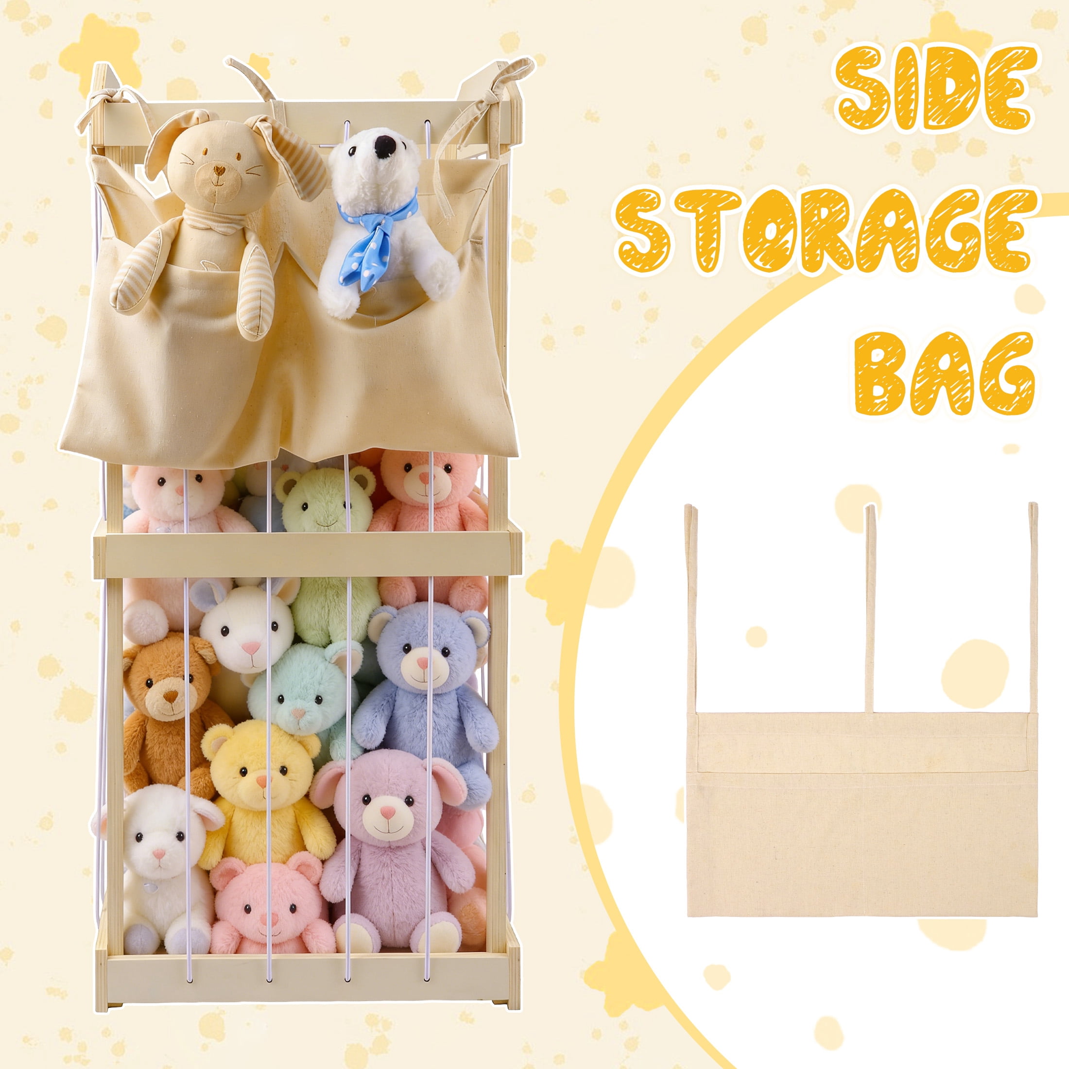 WETRBWEH Wooden Stuffed Animal Storage with Removable Hanging Storage Net, Large Toy Organizers and Storage, Stuffed Animal Holder for Toddler Rooms