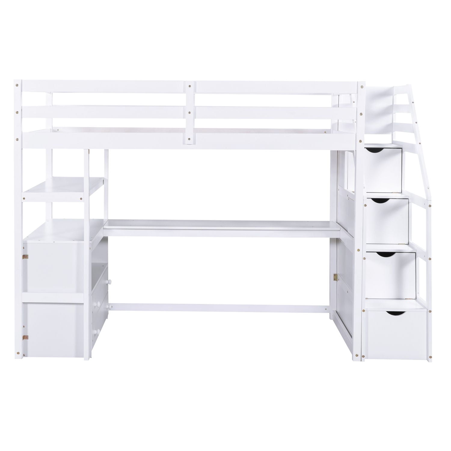 Asteroutdoor Twin Size Loft Bed with Desk and Shelves, Two Built-in Drawers, Storage Staircase, White