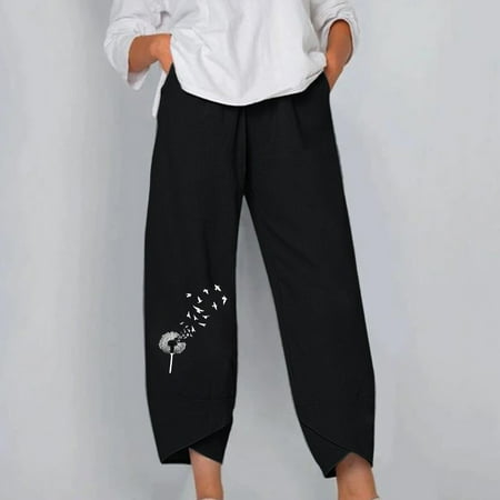 

Womens Cotton Linen Capri Pants Summer Elastic Waisted Casual Pants Wide Leg Loose Fit Comfy Pajama Beach Trousers EKOUSN
