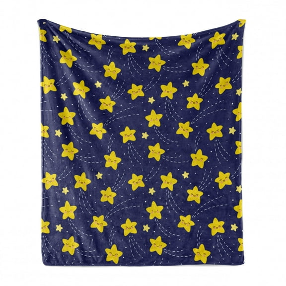 Cartoon Soft Flannel Fleece Throw Blanket, Childish Style Happy Sleeping Stars Sky Bedtime Night Comet Print, Cozy Plush for Indoor and Outdoor Use, 50" x 60", Indigo and Yellow, by Ambesonne