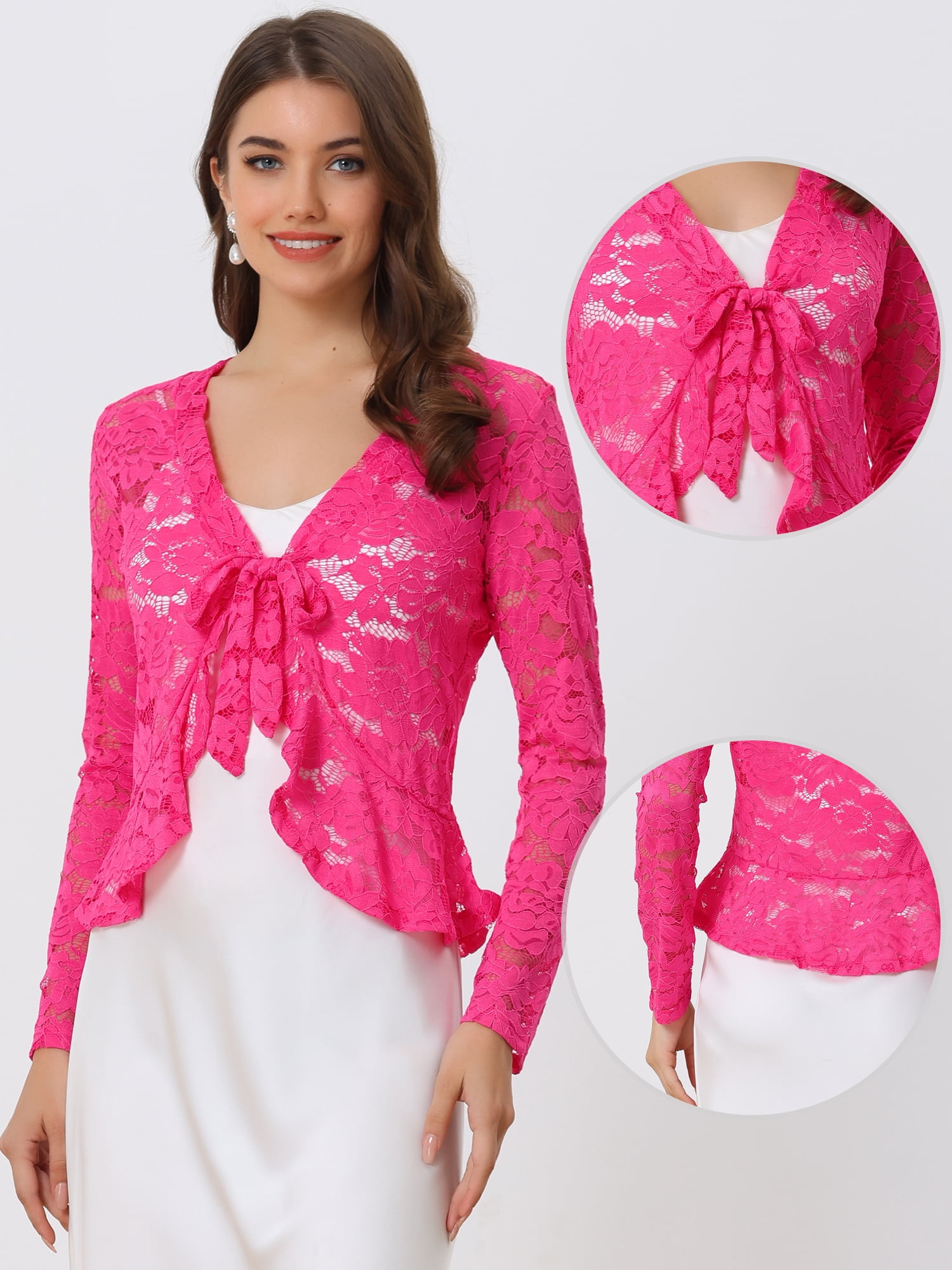 DARING DIVA Women's Ruffled Hem Floral Lace Crop Shrug Cardigan L Hot Pink