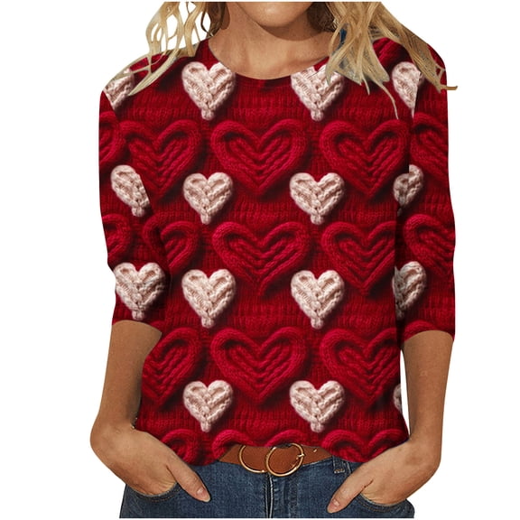 Valentine's Day Savings Clearance 2024! TAGOLD Summer Tops for Womens, Women's Fashion Three Quarter Sleeve Retro Round Neck Easter Printed Loose Tops Blouse