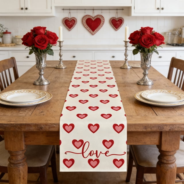 Valentine's Day Table Runner | Linen Kitchen Tablecloth Heat Insulation Placemat | 72x13 Inch Party Decoration for Dining Table