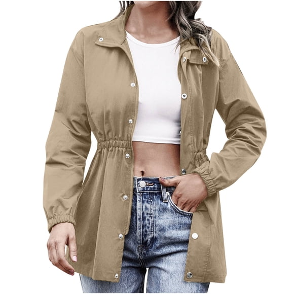 NTACZA Full-Zip Womens Coats Yellow Windbreaker Long Anorak Solid Collared Elastic Waist Jackets Womens Jackets L