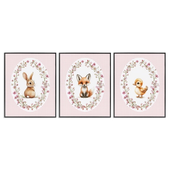 Stupell Industries Spring Gingham Animals 3 Piece Black Framed Giclee Art Set, design by Christine Simpson Art