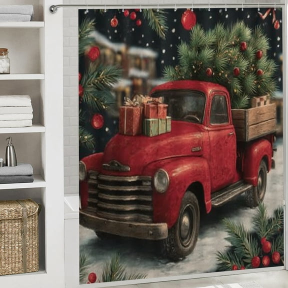 RKSupls Christmas Shower Curtain, Christmas Red Truck Shower Curtain with Hooks for Christmas Home Bathroom Decor Washable Curtains, 72x72 in