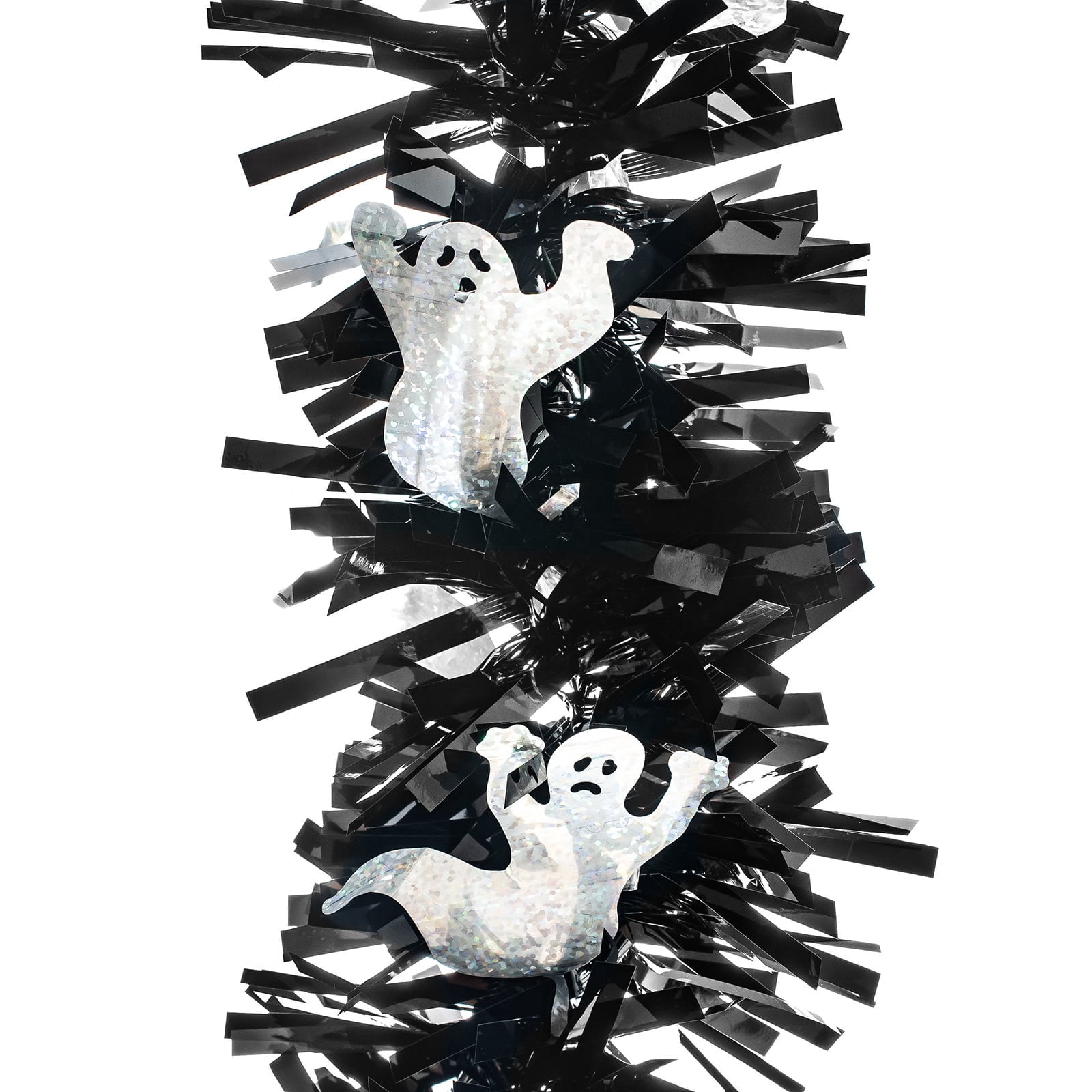 Tinsel Garland with Ghost Cut-Outs, Silver and Black, 12', Halloween by Way To Celebrate