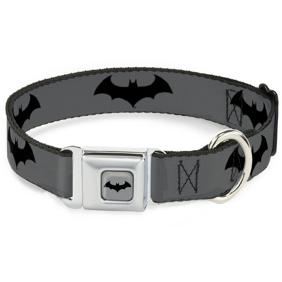 DC Comics Pet Collar, Dog Collar Metal Seatbelt Buckle, Retro Bat Logo Gray Black, 9.5 to 13 Inches 1.0 Inch Wide
