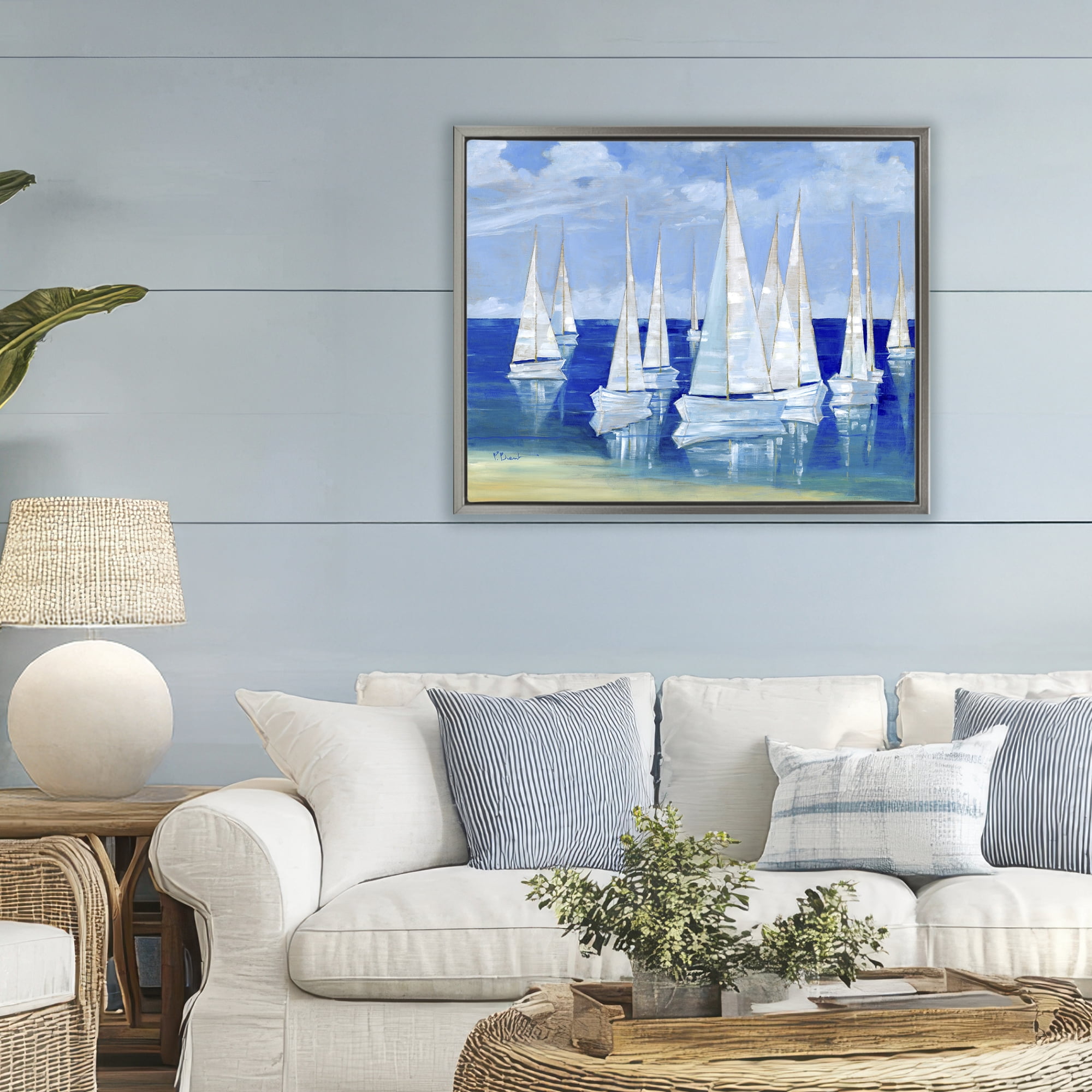 Stupell Industries Blanco Beach Sailboats Gray Framed Floater Canvas Wall Art, design by Paul Brent
